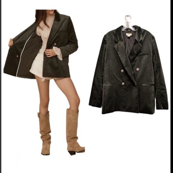 Anthropologie Maeve Corduroy Dark Green Double-Breasted Blazer (size 2) - Picture 2 of 8